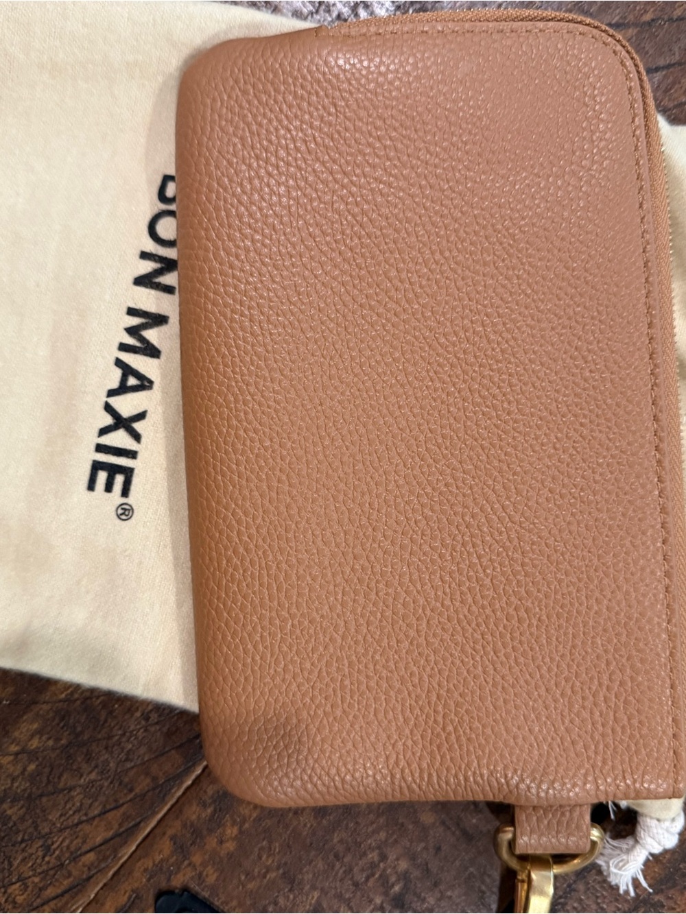 Bon Maxie Pebbled Leather Phone Zip Wallet in Tan -